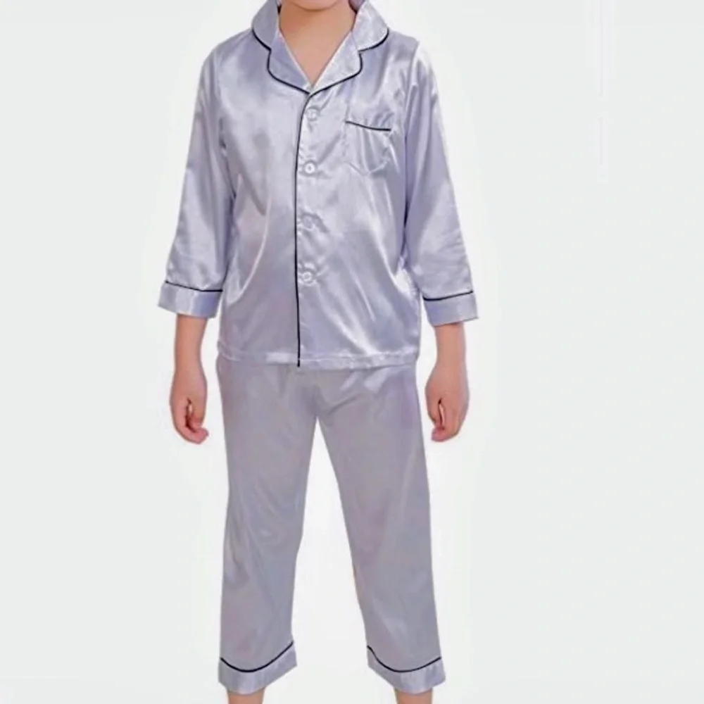 NWT Horcute Boys Satin Pajama Set Pants Long Sleeve Button Front Top Silver